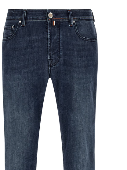 Jeans by Jacob Cohen for men in stretch denim cotton blue features an sartorial straight-leg & slim and long with a mid rise cut for a sartorial finish.