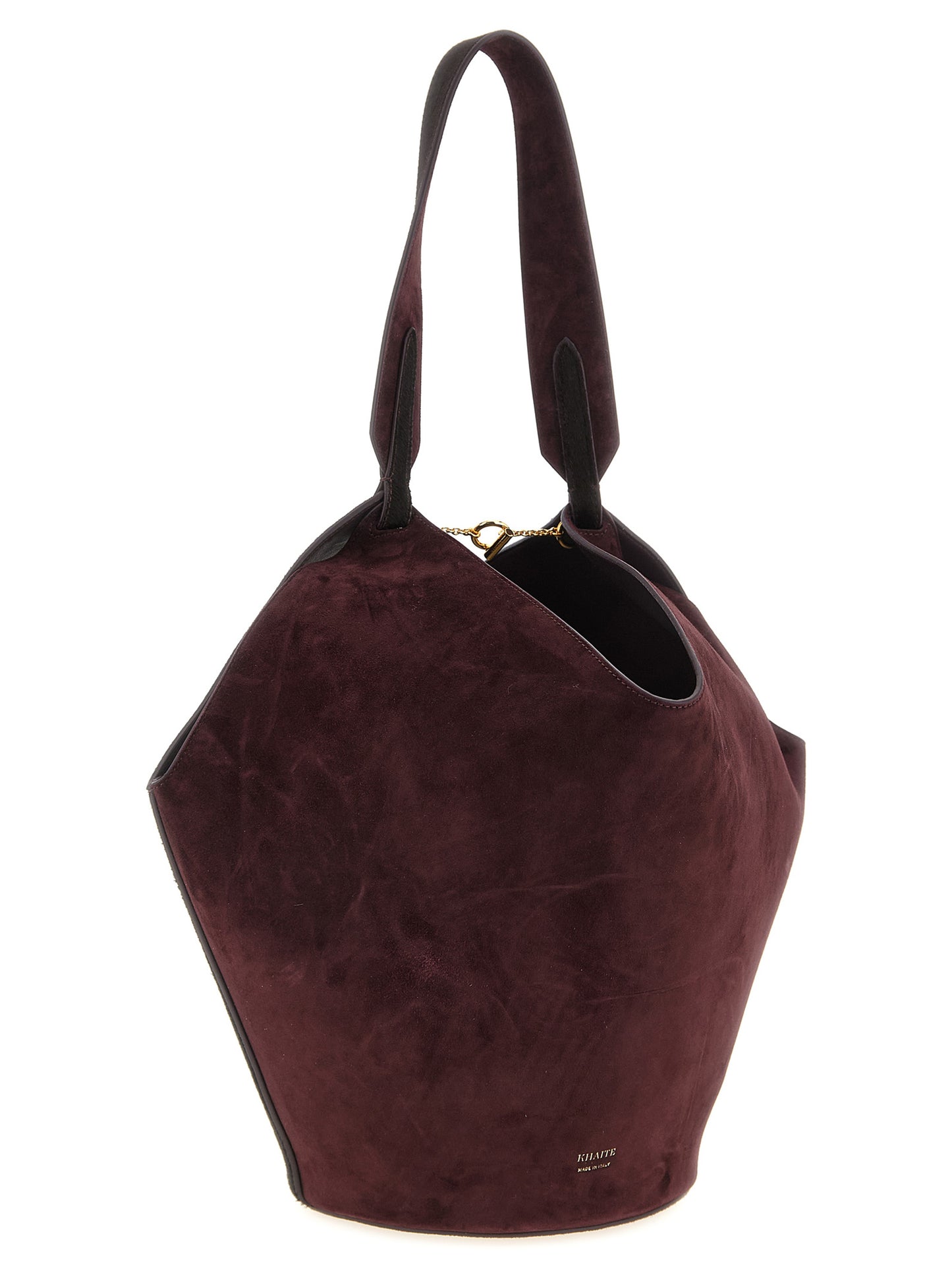 Small Shopper Tote Bag by Khaite for women in calfskin leather bordeaux & gold features a jet-set Lotus Calfskin Leather Small Shopper Tote Bag design, complete with a secure , ample , and versatile handle for a jet-set look.