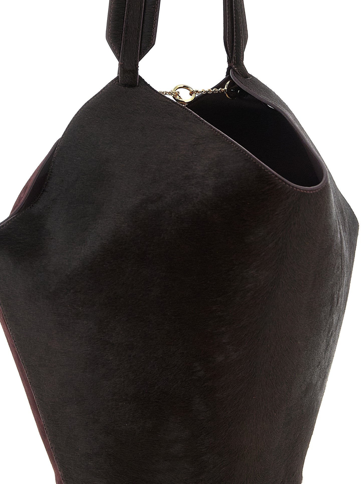 Small Shopper Tote Bag by Khaite for women in calfskin leather bordeaux & gold features a jet-set sophisticated Lotus Calfskin Leather Small Shopper Tote Bag design with a secure , ample , and versatile handle for a jet-set sophisticated finish.
