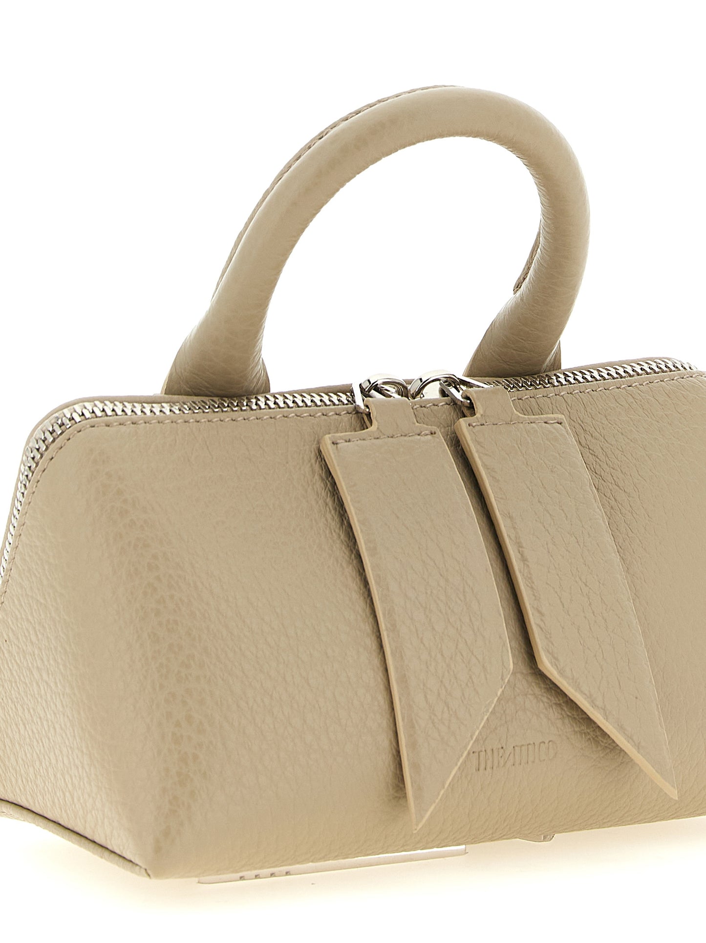 Mini Handbag by The Attico for women in calf leather beige, sand & silver features a signature silhouette, showcasing a secure zipper and signature with versatile shoulder-strap, handle & detachable-strap for a sophisticated look.