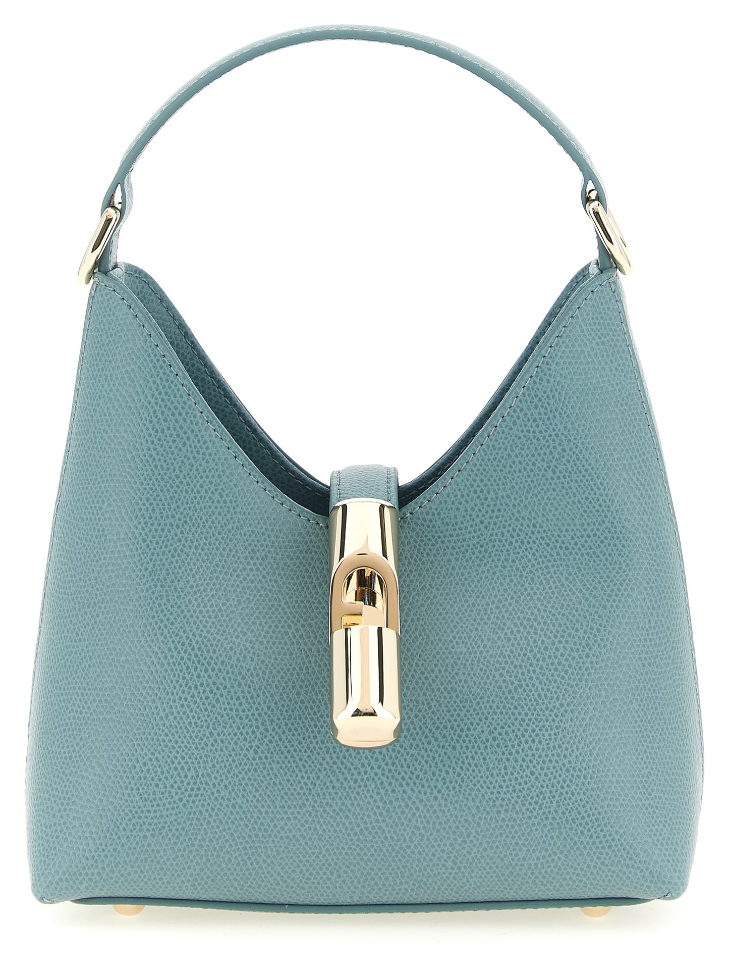 This Mini Handbag by Furla for women in calfskin leather and gold, light-blue & signature presents a sculptural silhouette featuring a secure zipper, ample , and versatile shoulder-strap, handle & adjustable-strap for a sculptural finish.