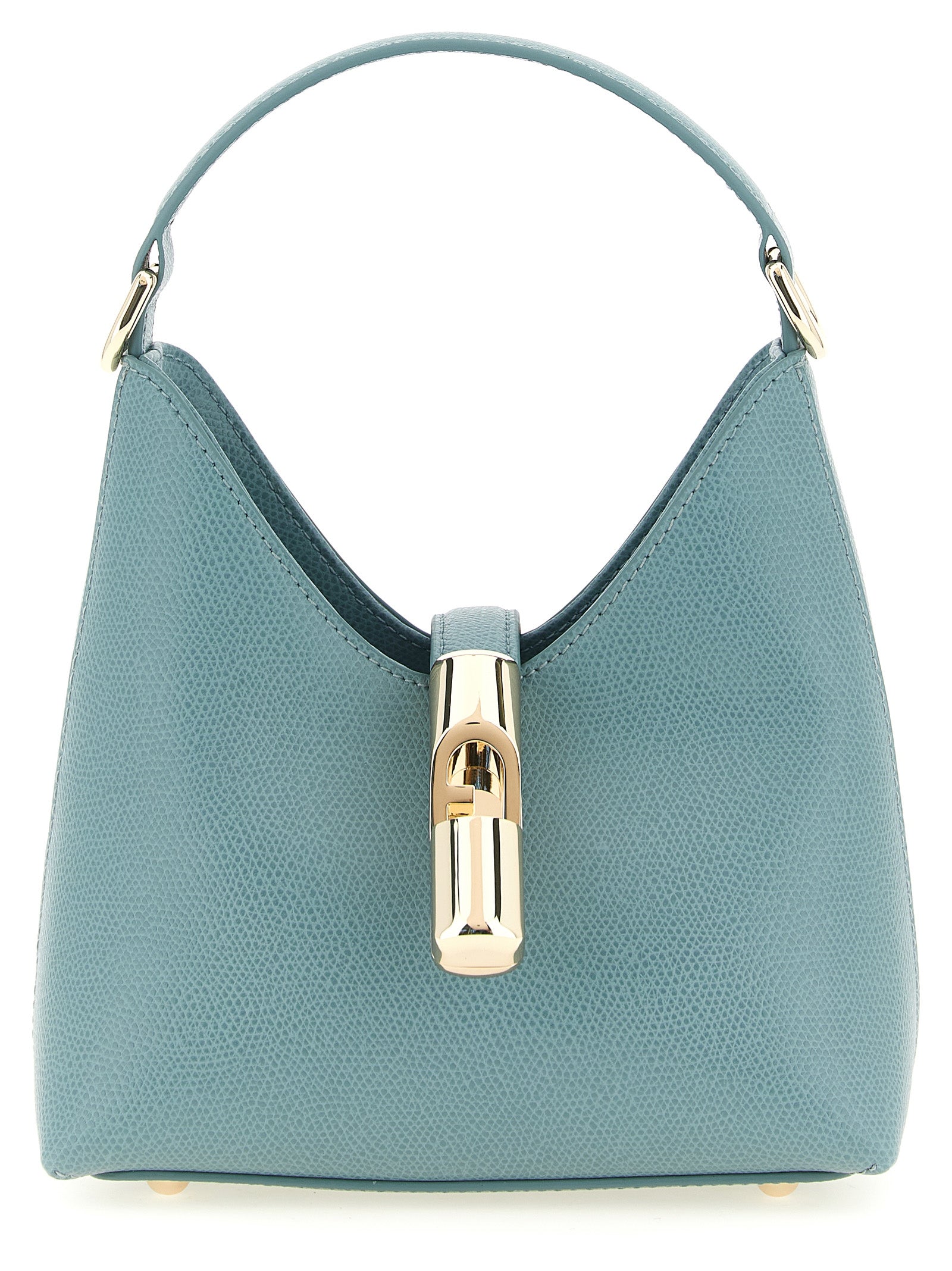 This Mini Handbag by Furla for women in calfskin leather and gold, light-blue & signature presents a sculptural silhouette featuring a secure zipper, ample , and versatile shoulder-strap, handle & adjustable-strap for a sculptural finish.