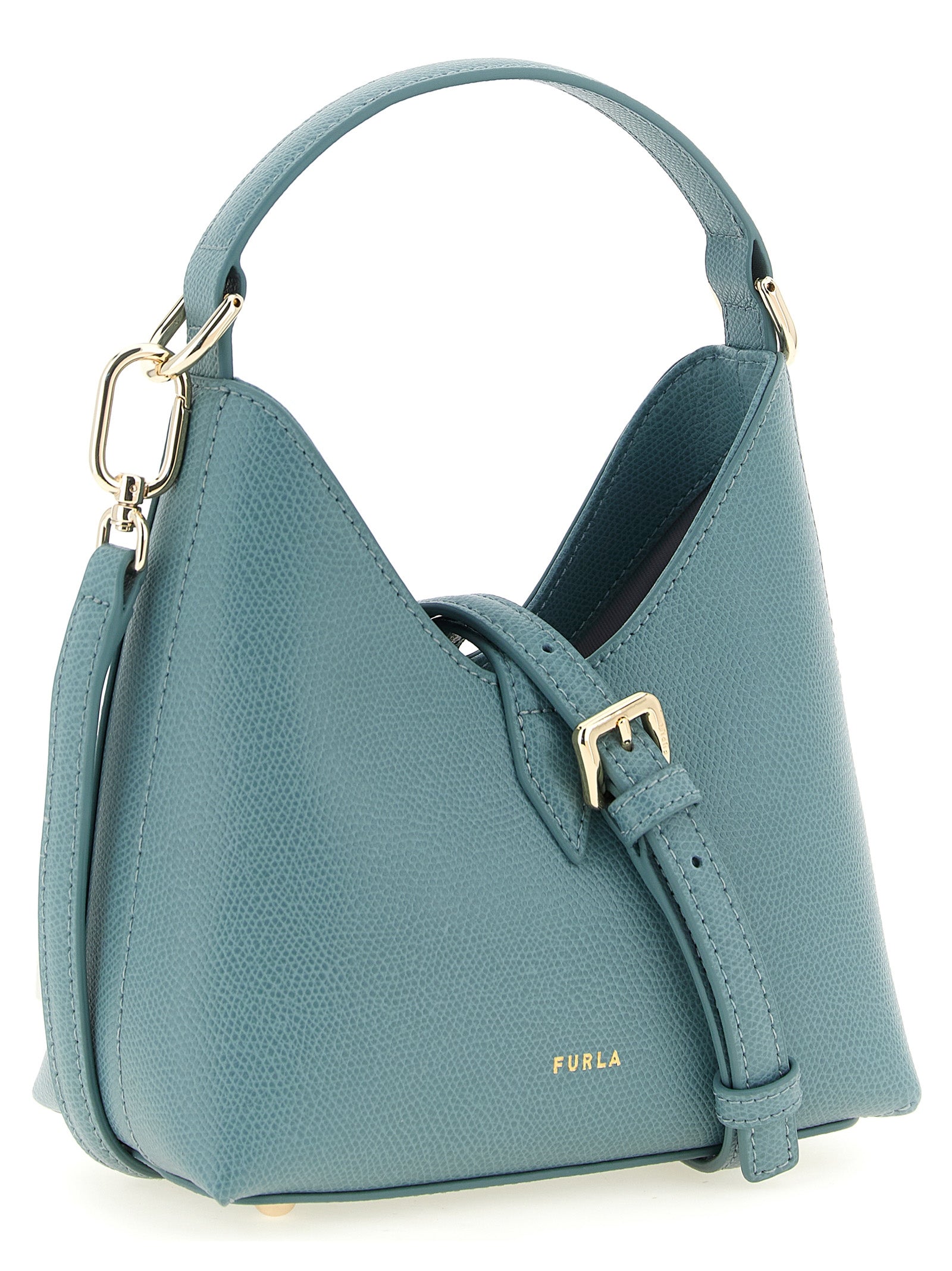 Mini Handbag by Furla for women in calfskin leather gold, light-blue & signature features a ornamental silhouette, showcasing a secure zipper, ample , and ornamental shoulder-strap, handle & adjustable-strap for a sophisticated look.