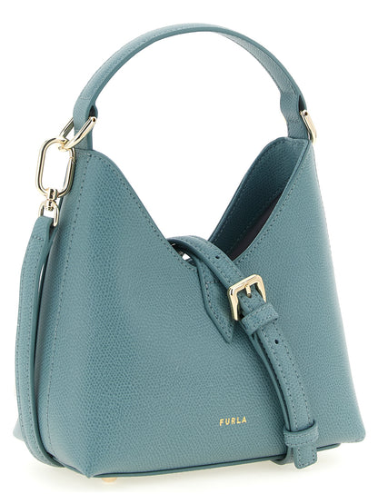 Mini Handbag by Furla for women in calfskin leather gold, light-blue & signature features a ornamental silhouette, showcasing a secure zipper, ample , and ornamental shoulder-strap, handle & adjustable-strap for a sophisticated look.