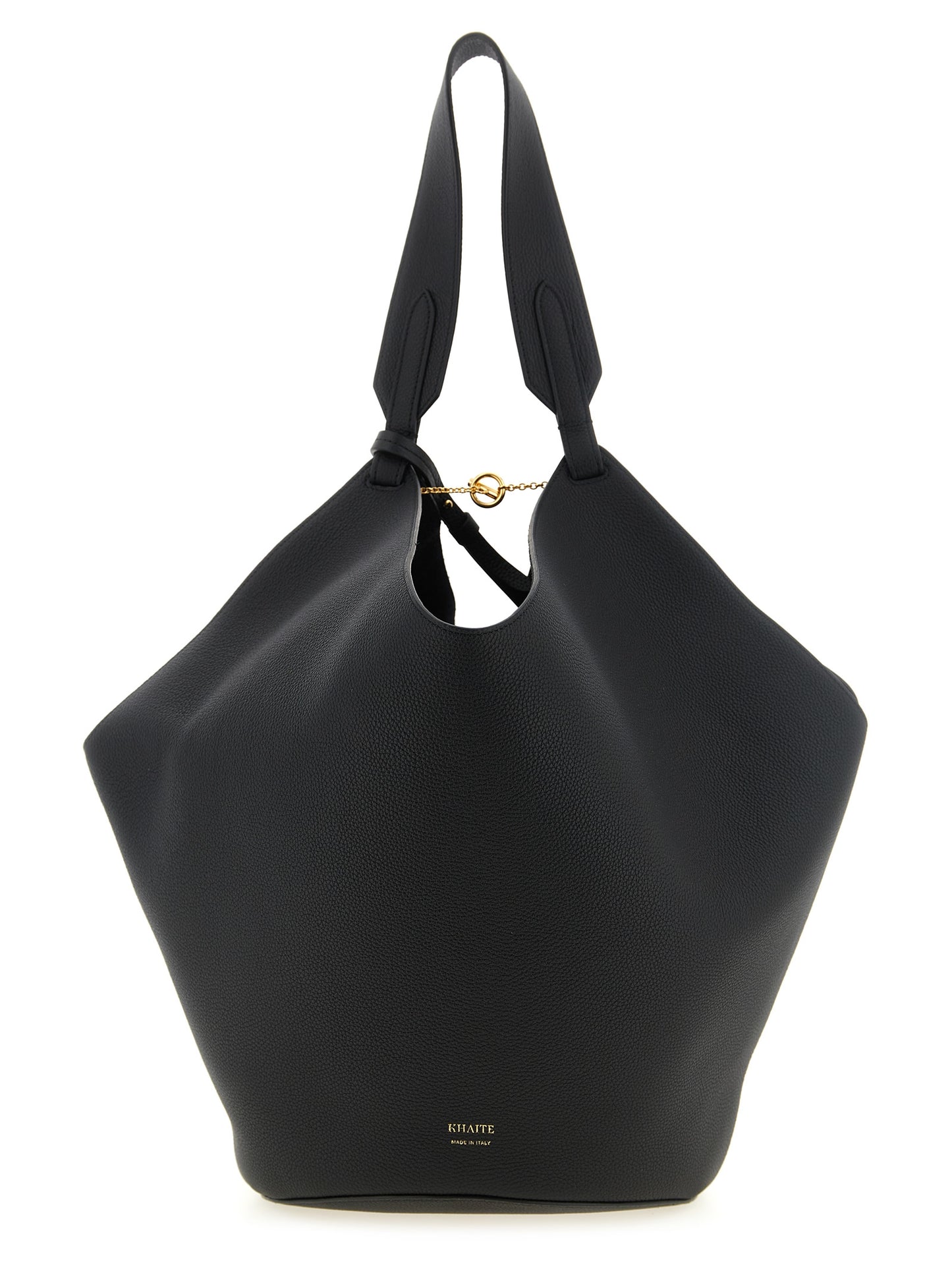 Tote Clutch Bag by Khaite for women in bos taurus calfskin leather black & gold features an jet-setting Lotus Bos Taurus Calfskin Leather Tote Clutch Bag design with a secure , jet-setting , and versatile handle for a jet-setting look.