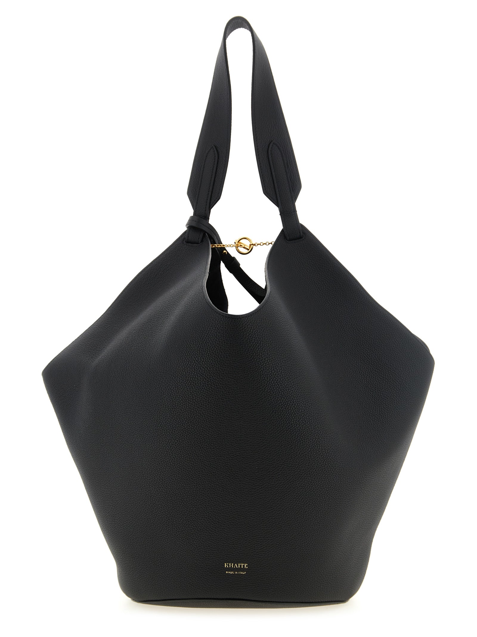 Tote Clutch Bag by Khaite for women in bos taurus calfskin leather black & gold features an jet-setting Lotus Bos Taurus Calfskin Leather Tote Clutch Bag design with a secure , jet-setting , and versatile handle for a jet-setting look.