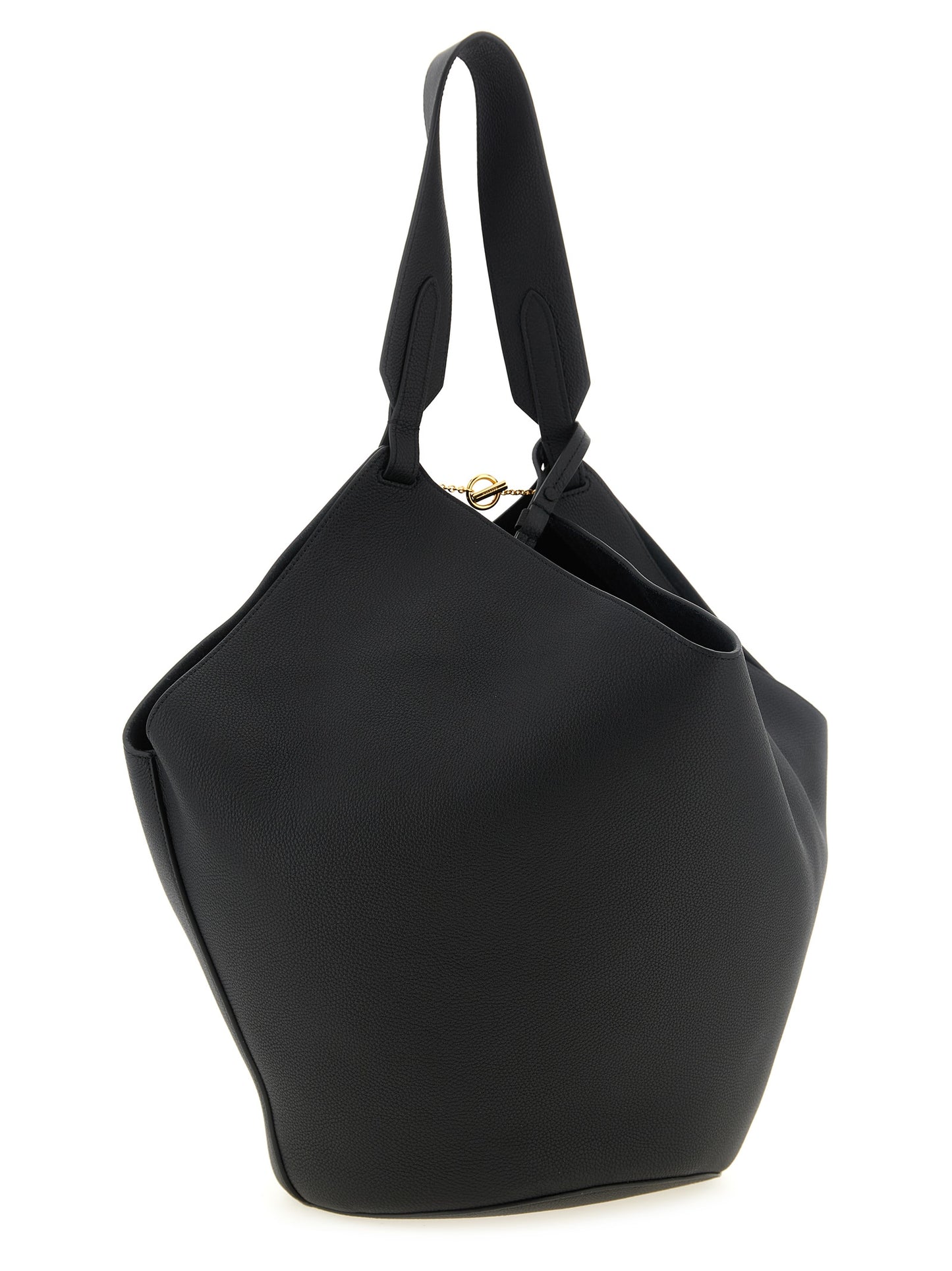 Tote Clutch Bag by Khaite for women in bos taurus calfskin leather black & gold features a jet-set Lotus Bos Taurus Calfskin Leather Tote Clutch Bag design, complete with a secure , ample , and versatile handle for a jet-set look.