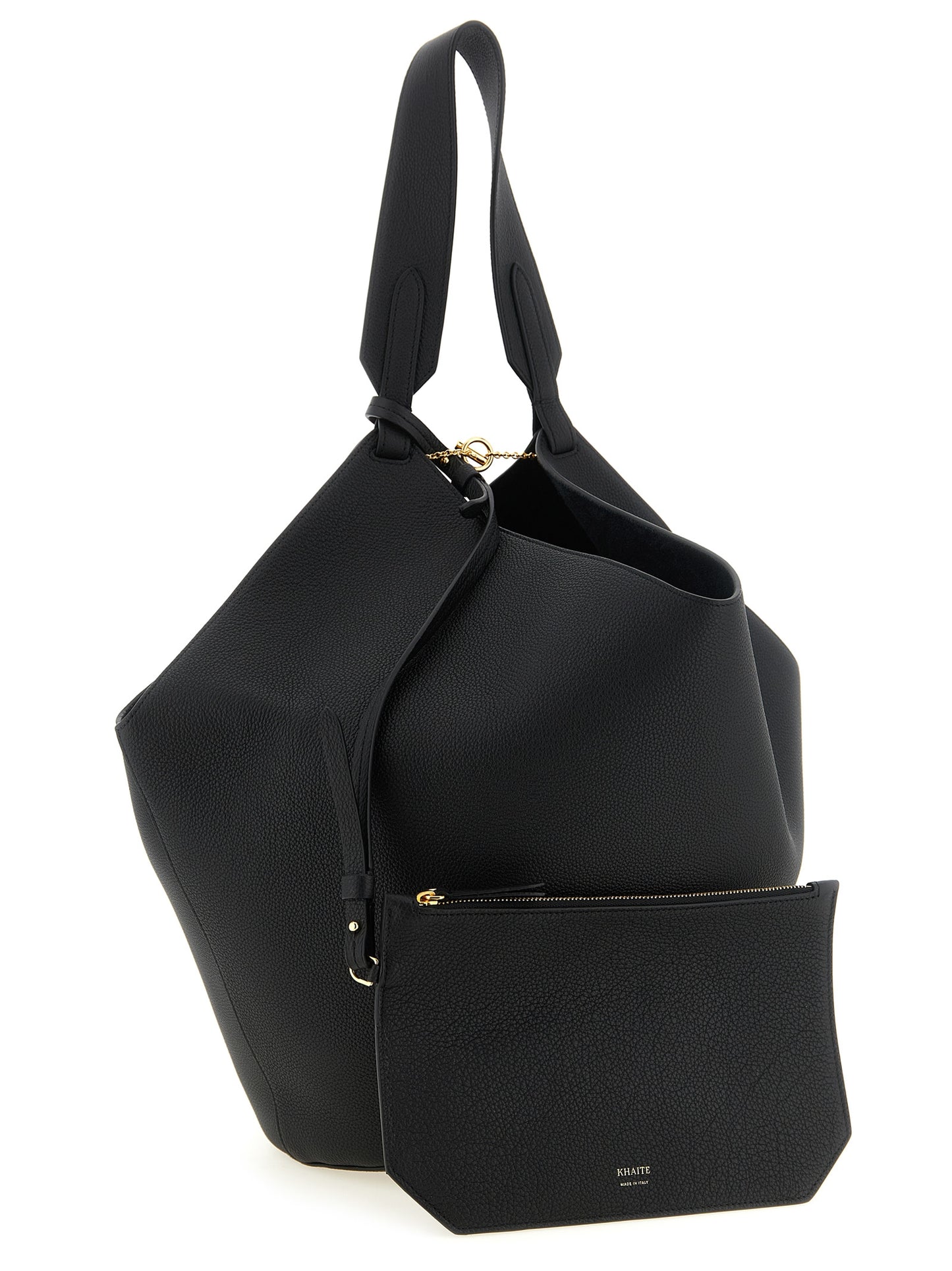 Tote Clutch Bag by Khaite for women in bos taurus calfskin leather black & gold features an jet-set-ready silhouette, showcasing the Lotus Bos Taurus Calfskin Leather Tote Clutch Bag design with a secure , ample , and versatile handle.