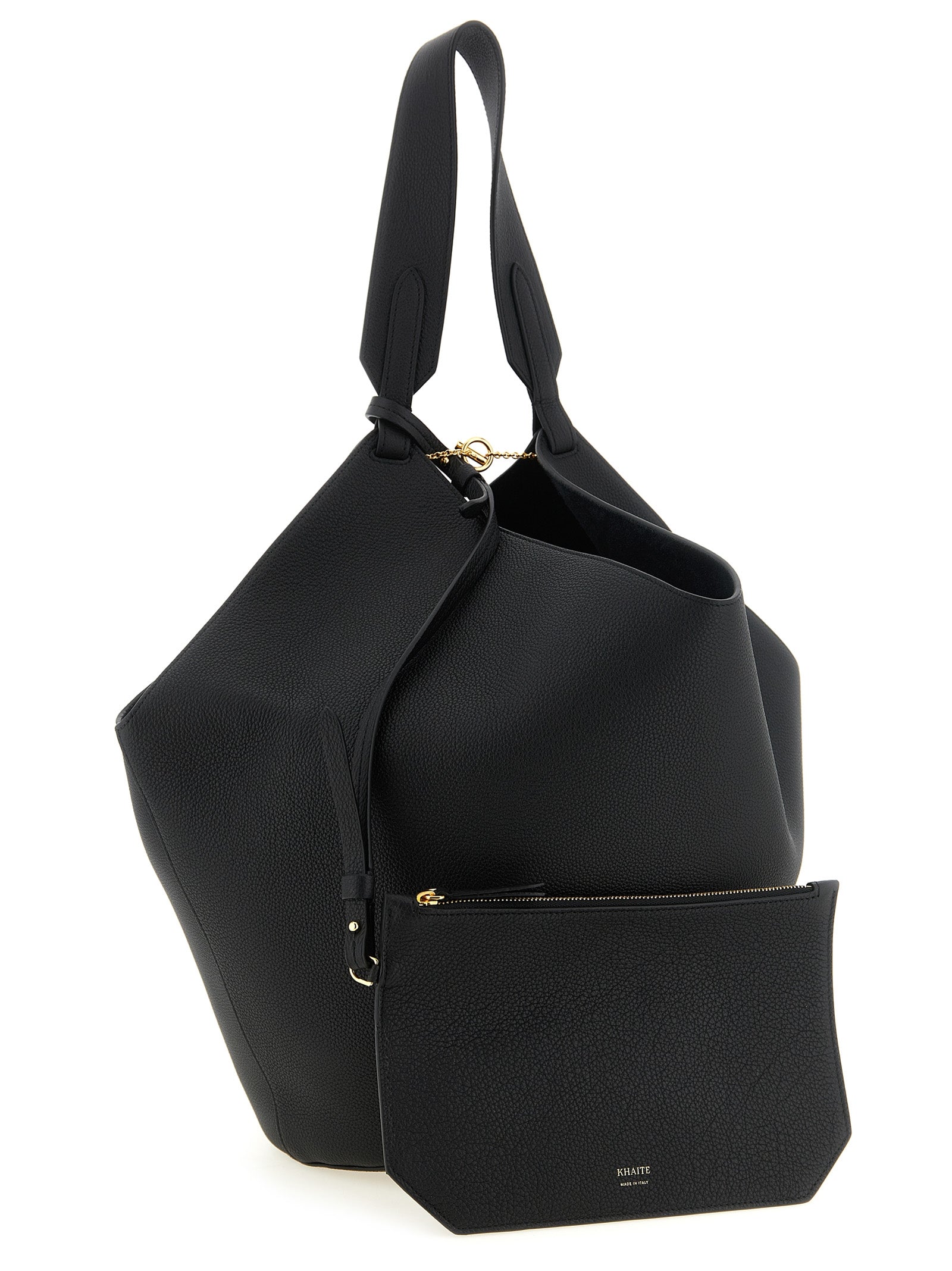 Tote Clutch Bag by Khaite for women in bos taurus calfskin leather black & gold features an jet-set-ready silhouette, showcasing the Lotus Bos Taurus Calfskin Leather Tote Clutch Bag design with a secure , ample , and versatile handle.