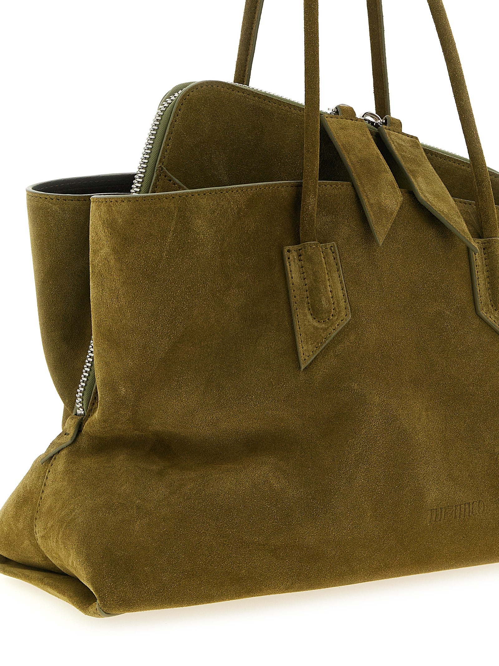 Medium Shoulder Bag by The Attico for women in bos taurus calf suede leather bicolour, green & olive presents a statuesque silhouette, showcasing a secure zipper and statuesque with versatile shoulder-strap & handle for a sophisticated look.