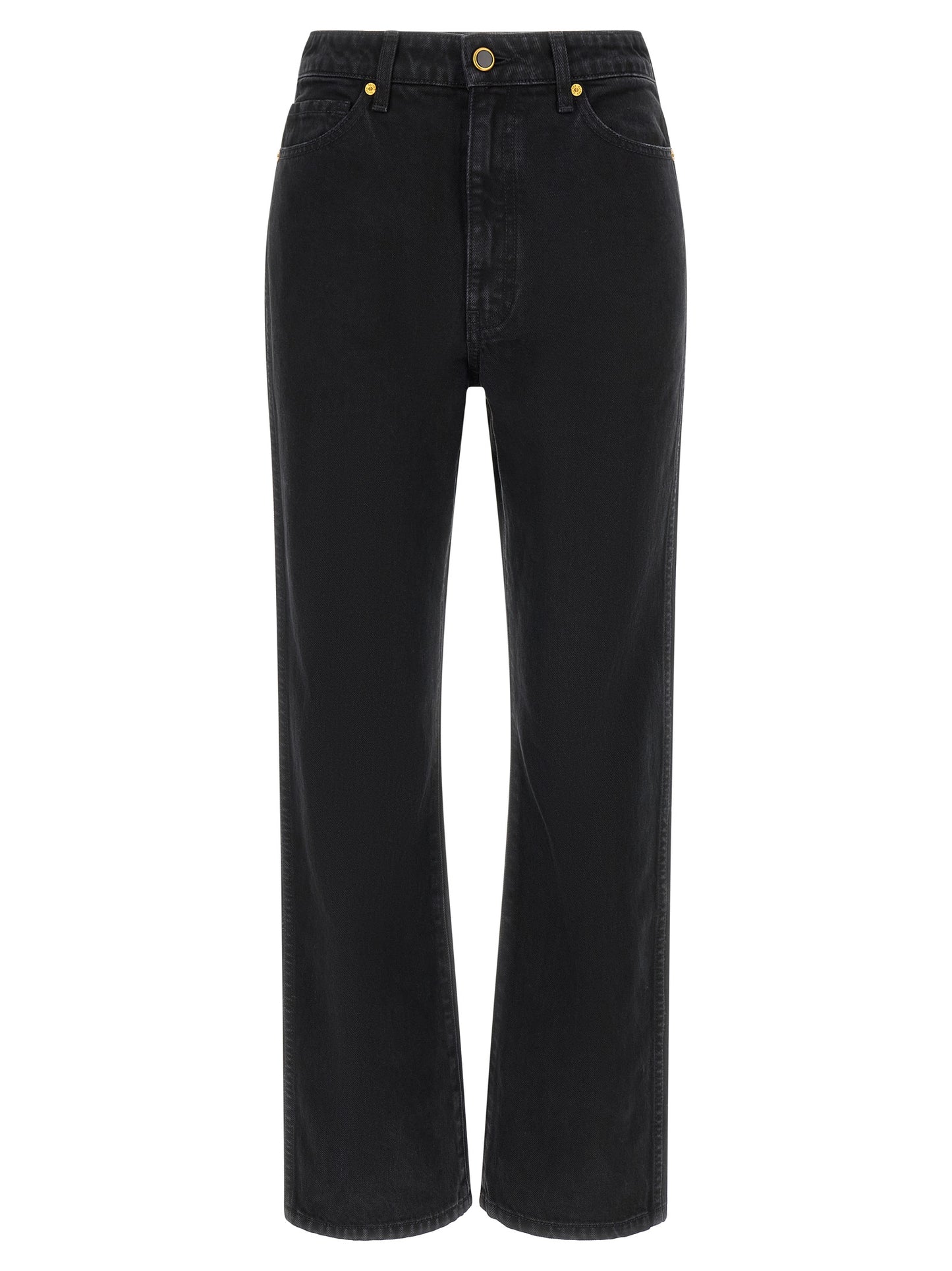 Jeans by Khaite for women in denim cotton black & gold presents a refined pantology silhouette, artfully defined by a refined pantology flared & cropped, cropped, and a sophisticated high rise.