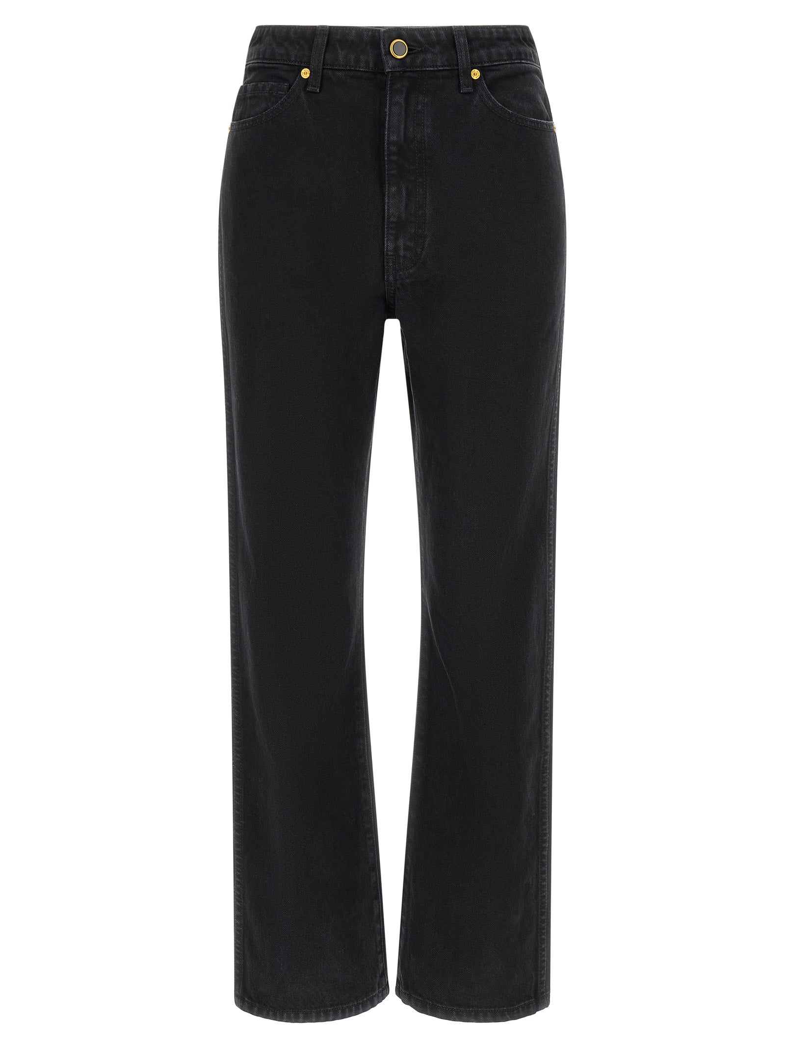 Jeans by Khaite for women in denim cotton black & gold presents a refined pantology silhouette, artfully defined by a refined pantology flared & cropped, cropped, and a sophisticated high rise.