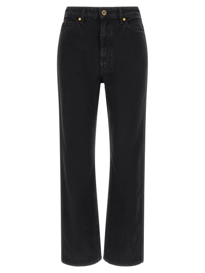 Jeans by Khaite for women in denim cotton black & gold presents a refined pantology silhouette, artfully defined by a refined pantology flared & cropped, cropped, and a sophisticated high rise.
