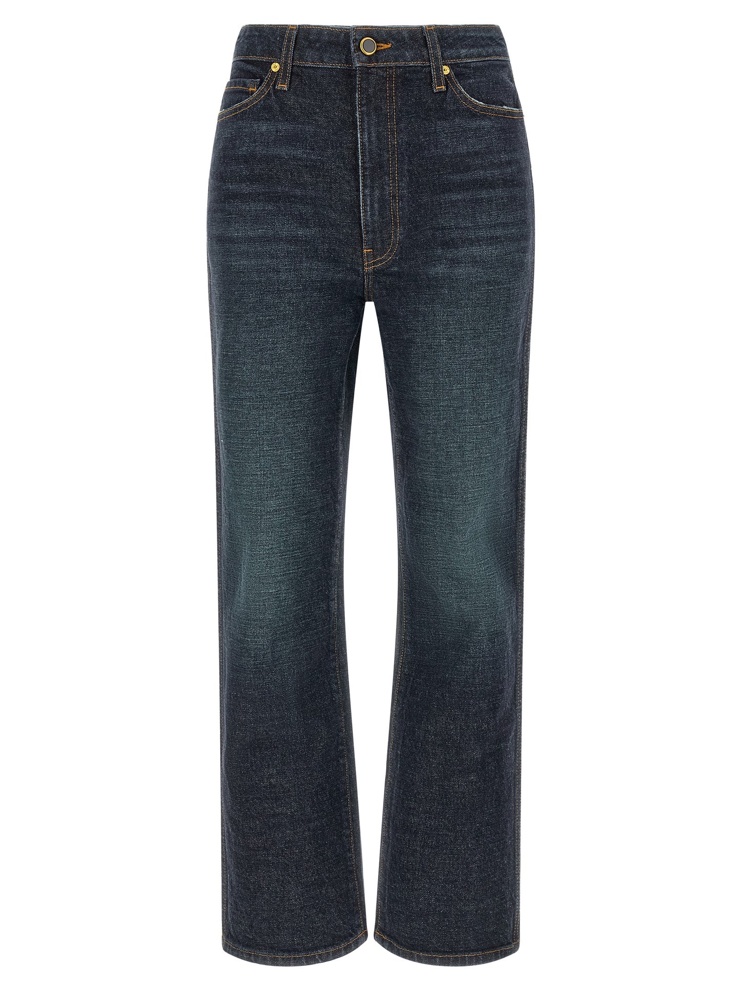Jeans by Khaite for women in denim cotton & polyurethane dark-blue presents a tailored silhouette, showcasing a tailored flared & cropped and cropped cut with a refined high rise for a truly tailored aesthetic.
