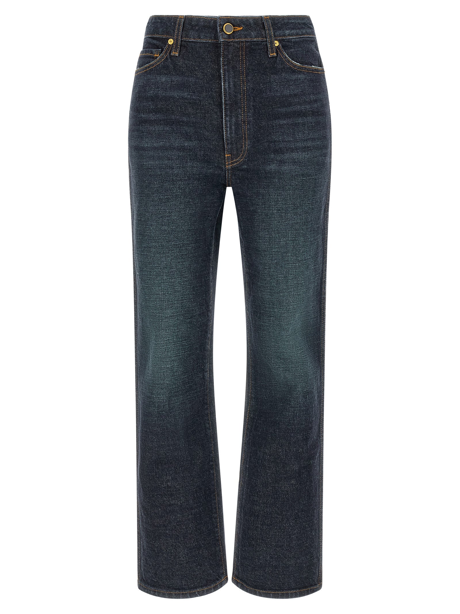 Jeans by Khaite for women in denim cotton & polyurethane dark-blue presents a tailored silhouette, showcasing a tailored flared & cropped and cropped cut with a refined high rise for a truly tailored aesthetic.