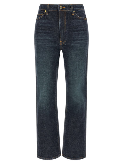 Jeans by Khaite for women in denim cotton & polyurethane dark-blue presents a tailored silhouette, showcasing a tailored flared & cropped and cropped cut with a refined high rise for a truly tailored aesthetic.