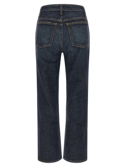 Jeans by Khaite for women in denim cotton & polyurethane dark-blue features an sophisticated high rise and flared & cropped with a precise cropped, creating a sophisticated and sophisticated silhouette.