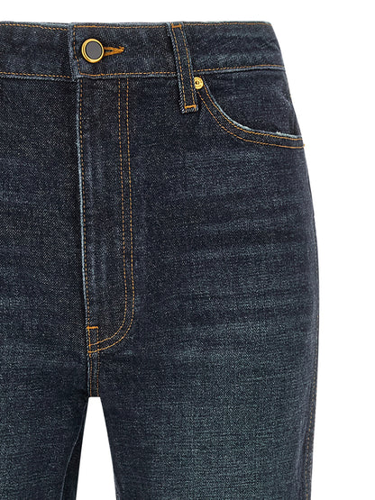 Jeans by Khaite for women in denim cotton & polyurethane dark-blue features an sartorial flared & cropped and cropped with a high rise cut for a sartorial finish.