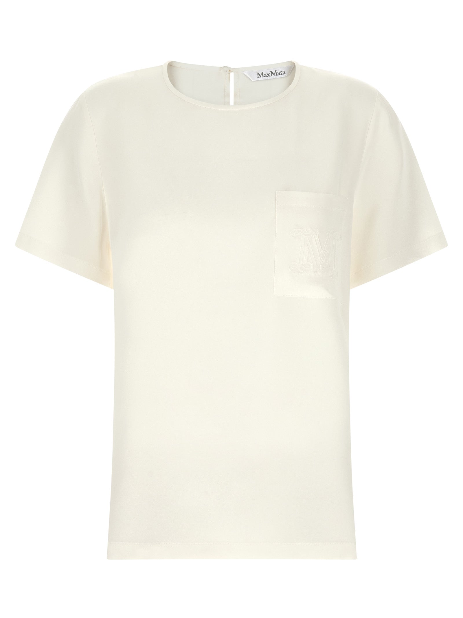 Blouse by Max Mara for women in silk crepe ivory & white showcases a sublime silhouette, artfully detailed with a sublime round neckline and short-sleeve for a sophisticated, sublime finish.