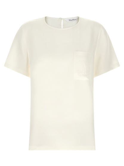 Blouse by Max Mara for women in silk crepe ivory & white showcases a sublime silhouette, artfully detailed with a sublime round neckline and short-sleeve for a sophisticated, sublime finish.