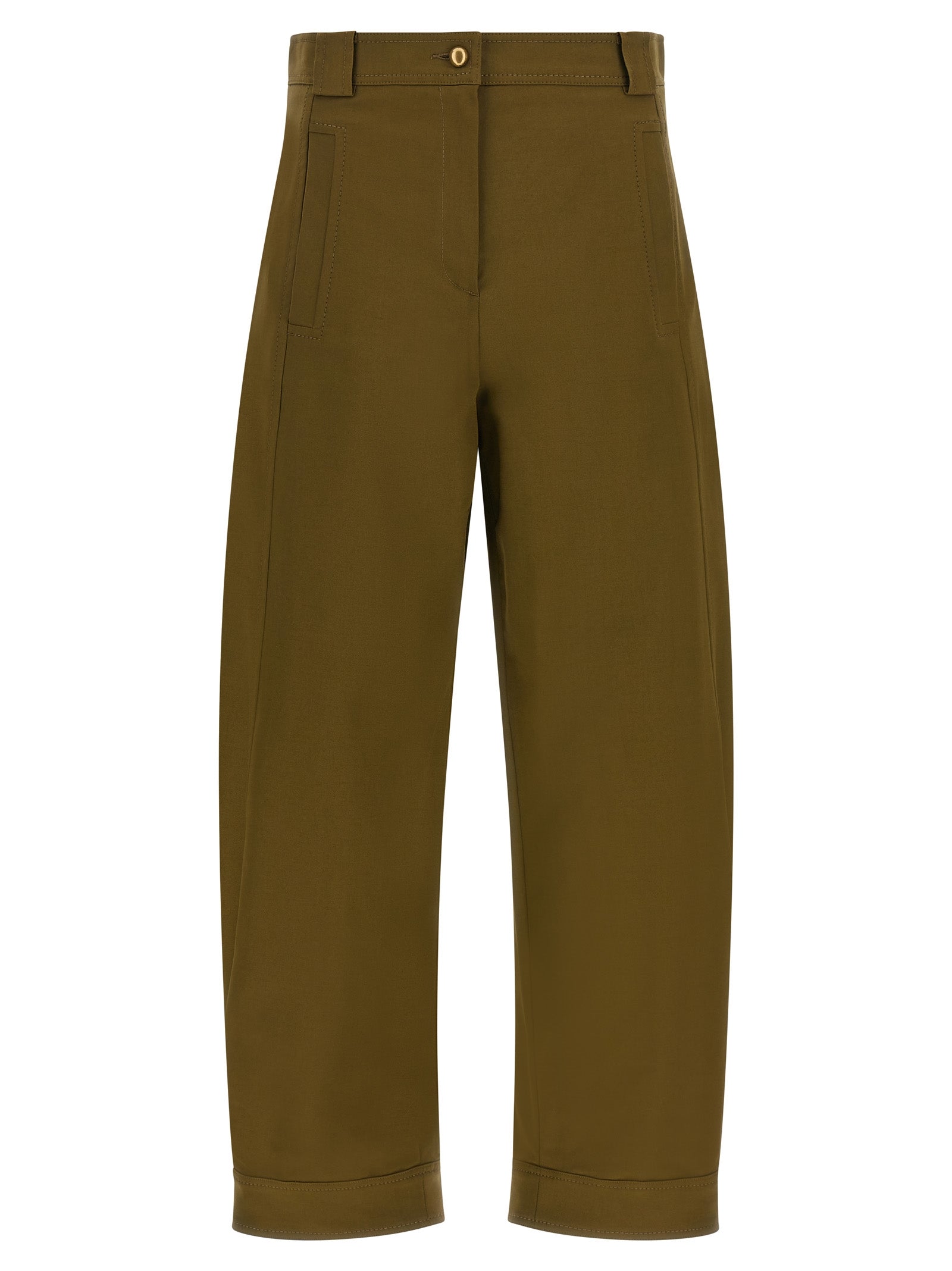 Trousers by Max Mara for women in stretch cotton canvas bicolour, gold, green & olive features an on trend silhouette, showcasing a sophisticated wide & cropped with a cropped and for an on trend finish.