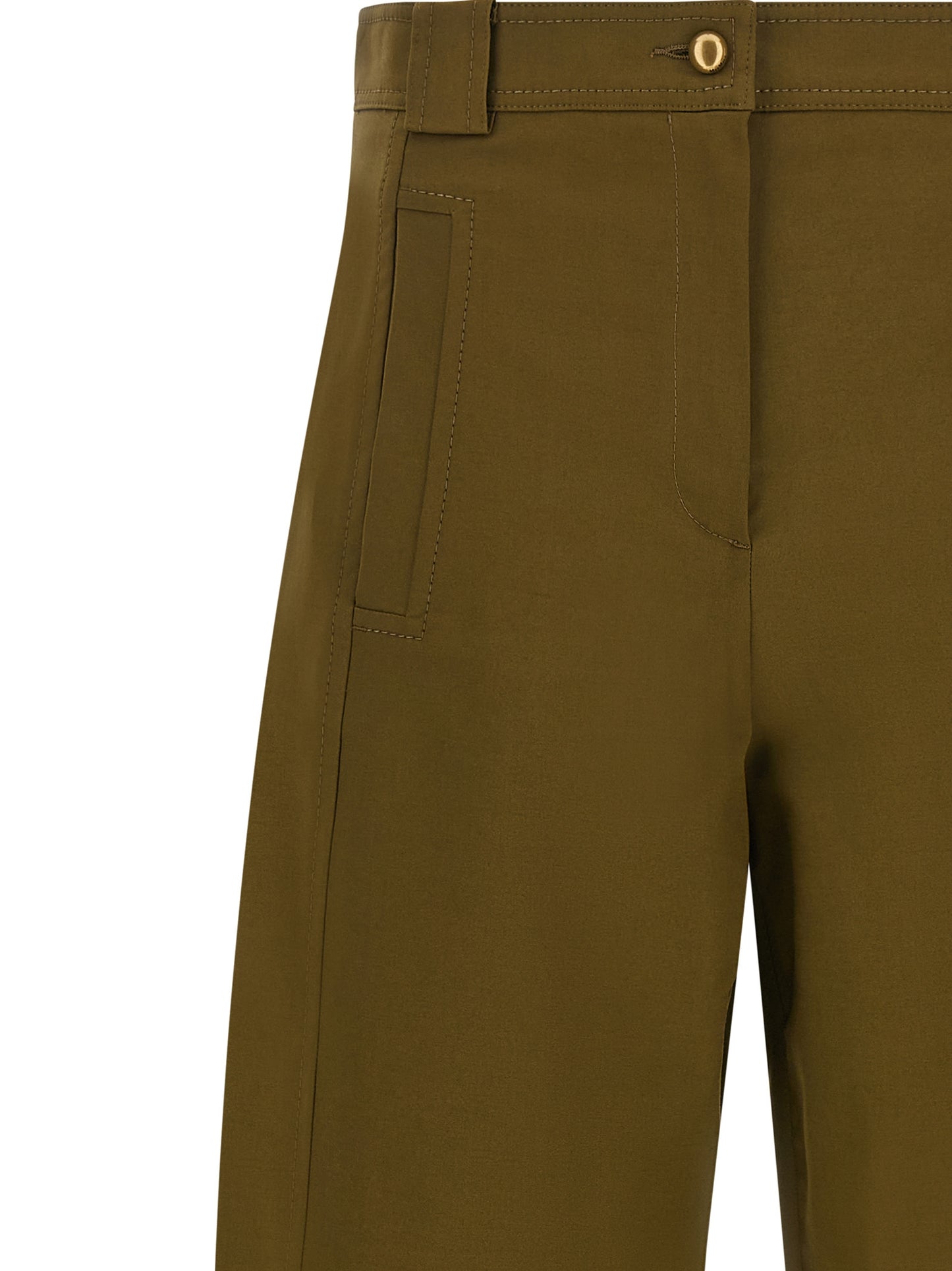 Trousers by Max Mara for women in stretch cotton canvas bicolour, gold, green & olive features a sculptural silhouette, showcasing a sculptural wide & cropped and cropped with a sophisticated for a sculptural finish.