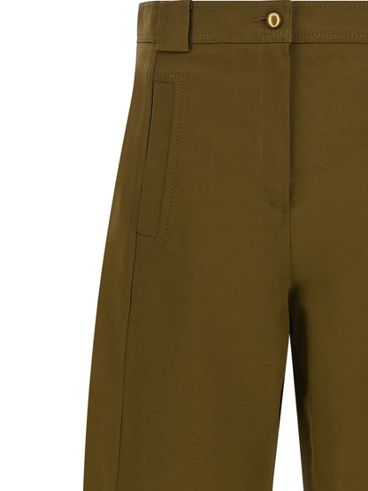 Trousers by Max Mara for women in stretch cotton canvas bicolour, gold, green & olive features a sculptural silhouette, showcasing a sculptural wide & cropped and cropped with a sophisticated for a sculptural finish.