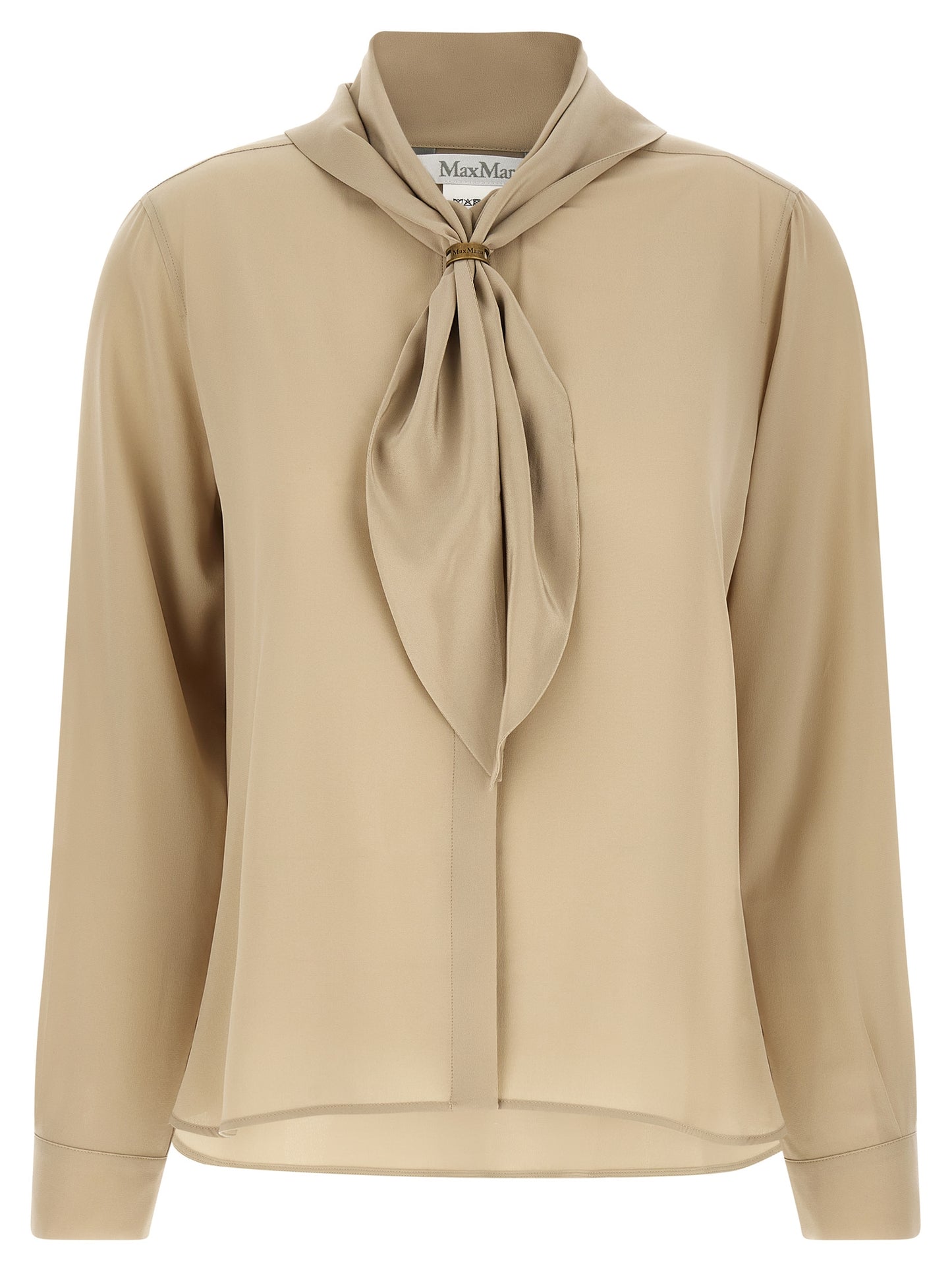 Blouse by Max Mara for women in silk crepe beige & sand features an architectural silhouette with a refined long-sleeve and elegant high-neck neckline for a architectural look.