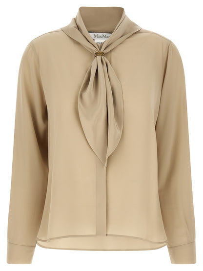 Blouse by Max Mara for women in silk crepe beige & sand features an architectural silhouette with a refined long-sleeve and elegant high-neck neckline for a architectural look.