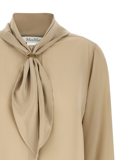 Blouse by Max Mara for women in silk crepe beige & sand showcases a sleek silhouette, elegantly detailed with a sleek high-neck neckline and for a sleek finish.