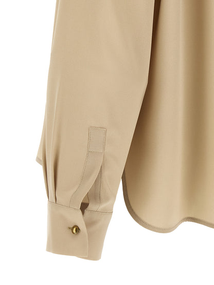Blouse by Max Mara for women in silk crepe beige & sand features an architectural silhouette with a refined and elegant high-neck neckline for a architectural look.
