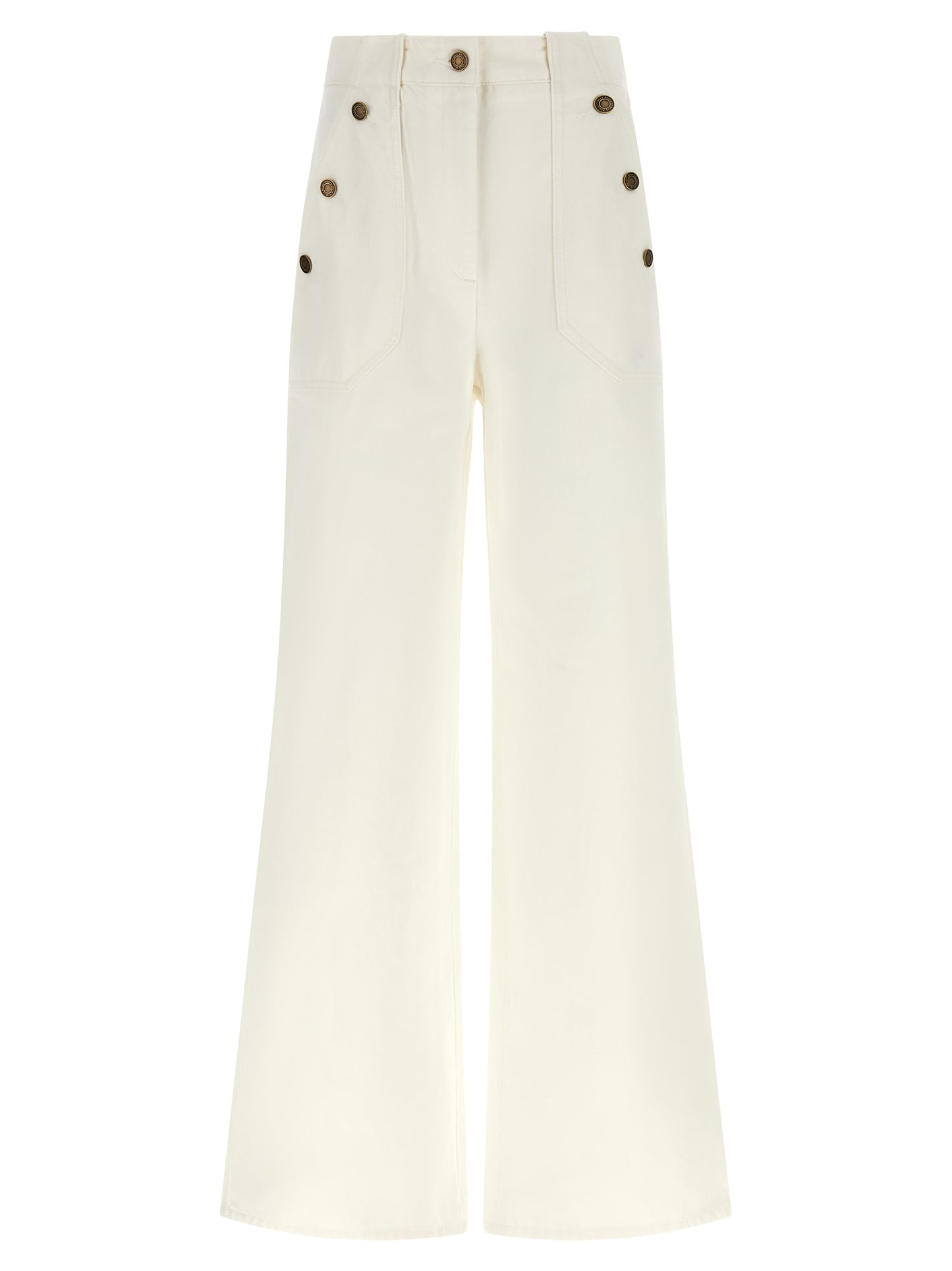 Trousers by Max Mara for women in cotton cream, white & monogram features a tailored silhouette with a tailored flared & wide, defined by its long and a sophisticated high rise.