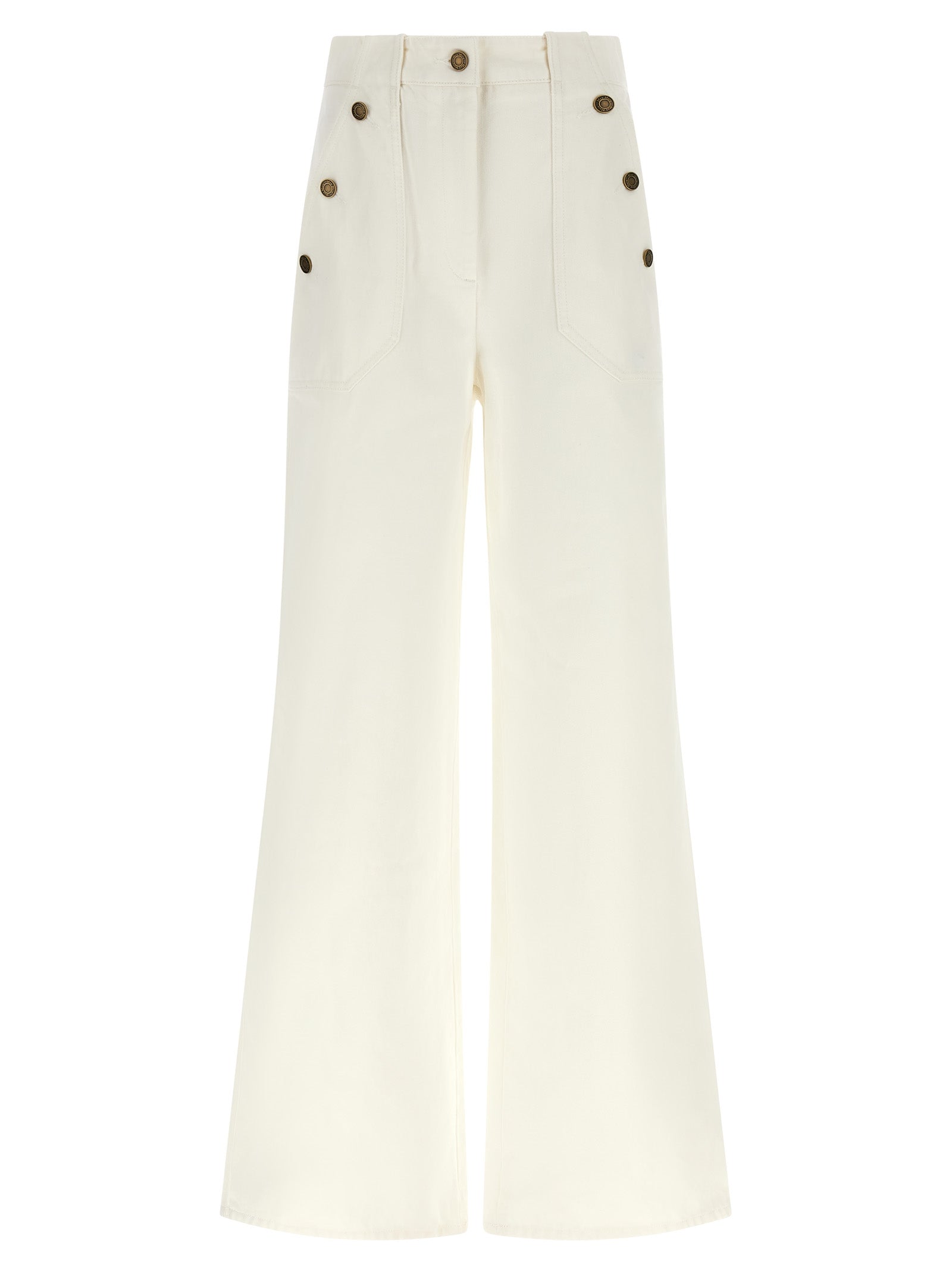 Trousers by Max Mara for women in cotton cream, white & monogram features a tailored silhouette with a tailored flared & wide, defined by its long and a sophisticated high rise.