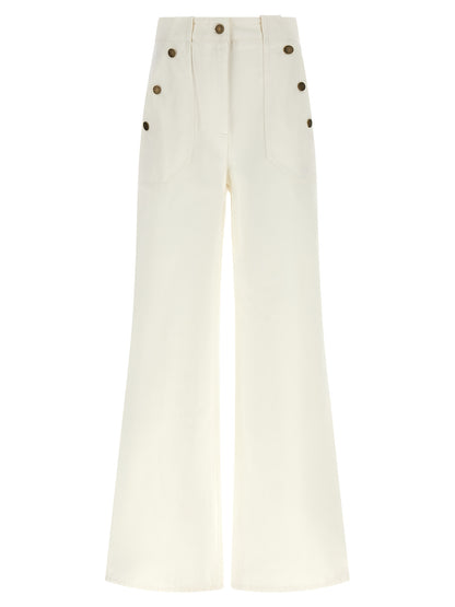 Trousers by Max Mara for women in cotton cream, white & monogram features a tailored silhouette with a tailored flared & wide, defined by its long and a sophisticated high rise.