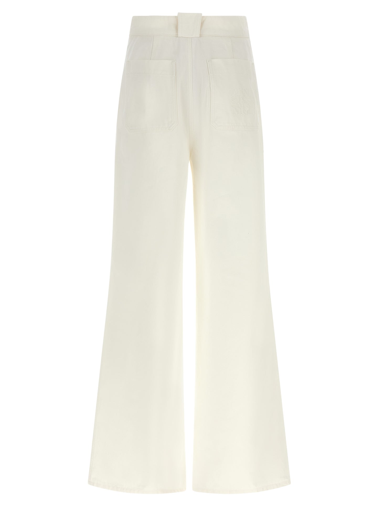 Trousers by Max Mara for women in cotton cream, white & monogram features a sculptural silhouette, showcasing a sculptural flared & wide and long with a sophisticated high rise for a sculptural finish.