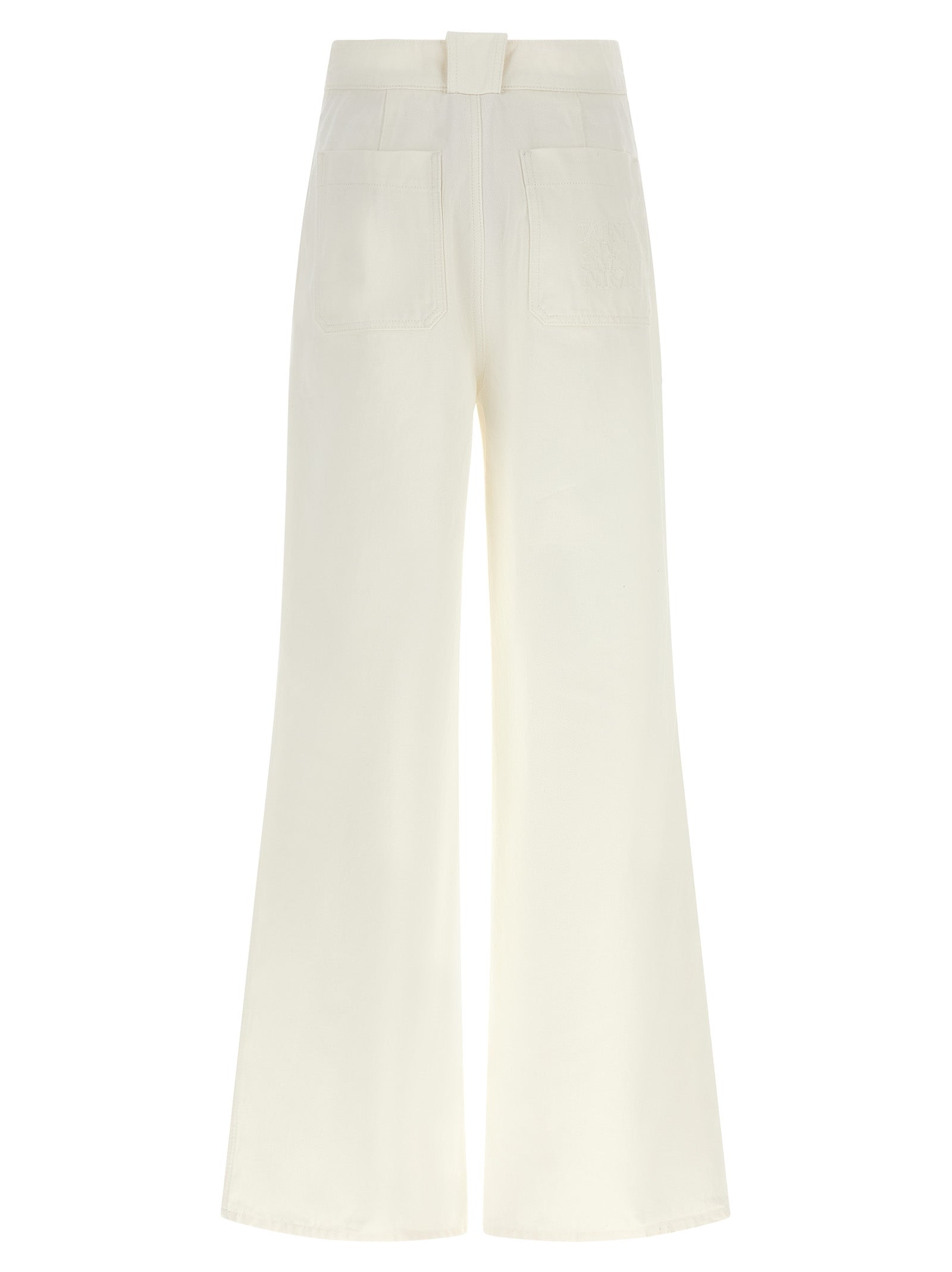 Trousers by Max Mara for women in cotton cream, white & monogram features a sculptural silhouette, showcasing a sculptural flared & wide and long with a sophisticated high rise for a sculptural finish.