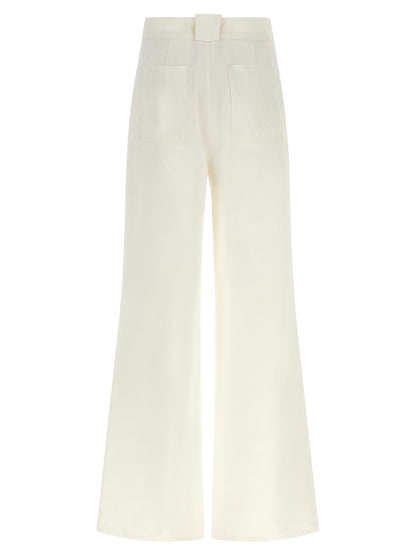 Trousers by Max Mara for women in cotton cream, white & monogram features a sculptural silhouette, showcasing a sculptural flared & wide and long with a sophisticated high rise for a sculptural finish.