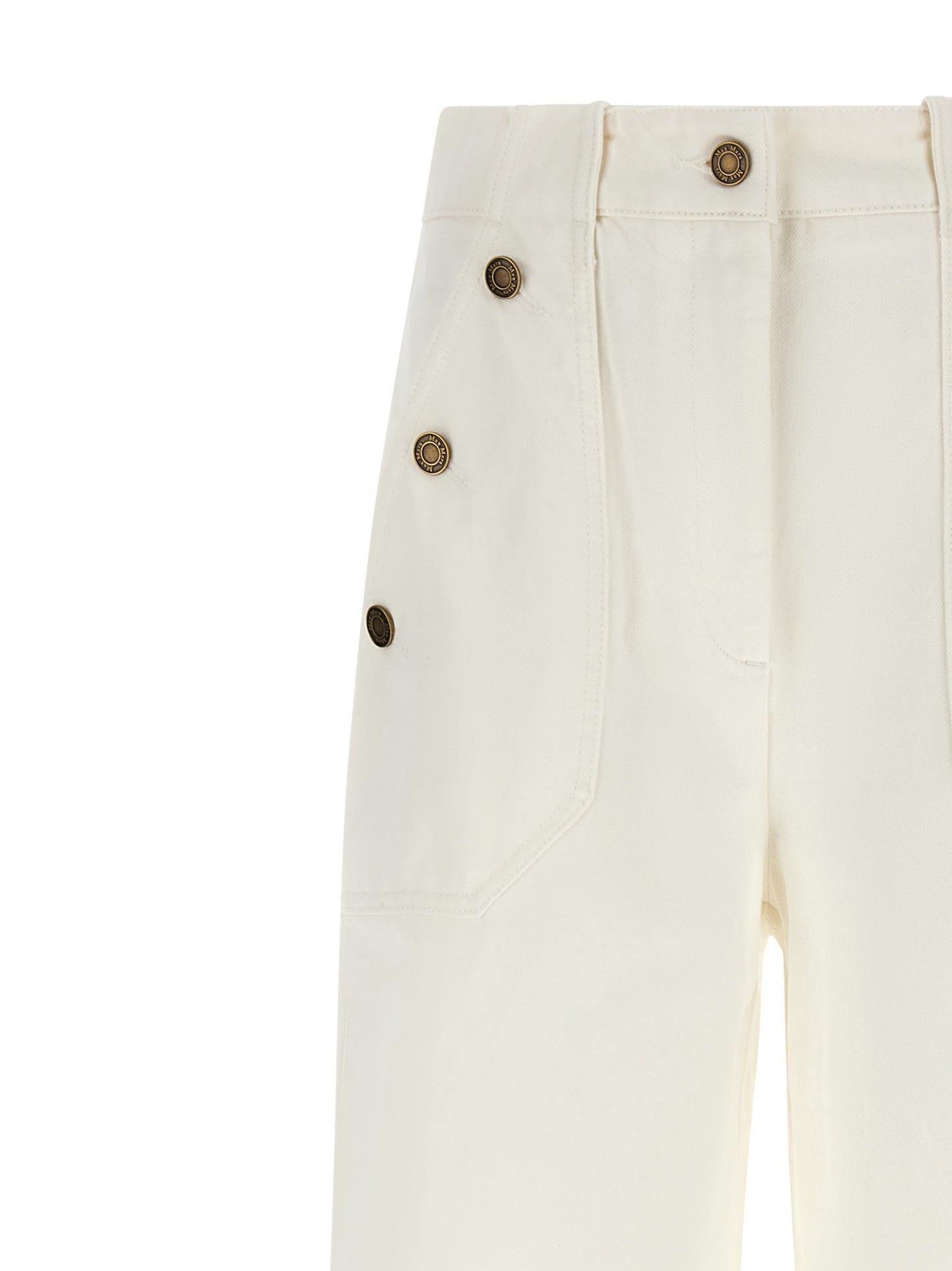 Trousers by Max Mara for women in cotton cream, white & monogram features an sartorial silhouette, showcasing a precise flared & wide and long with a sartorial high rise for a refined look.