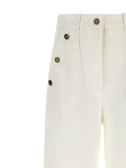 Trousers by Max Mara for women in cotton cream, white & monogram features an sartorial silhouette, showcasing a precise flared & wide and long with a sartorial high rise for a refined look.