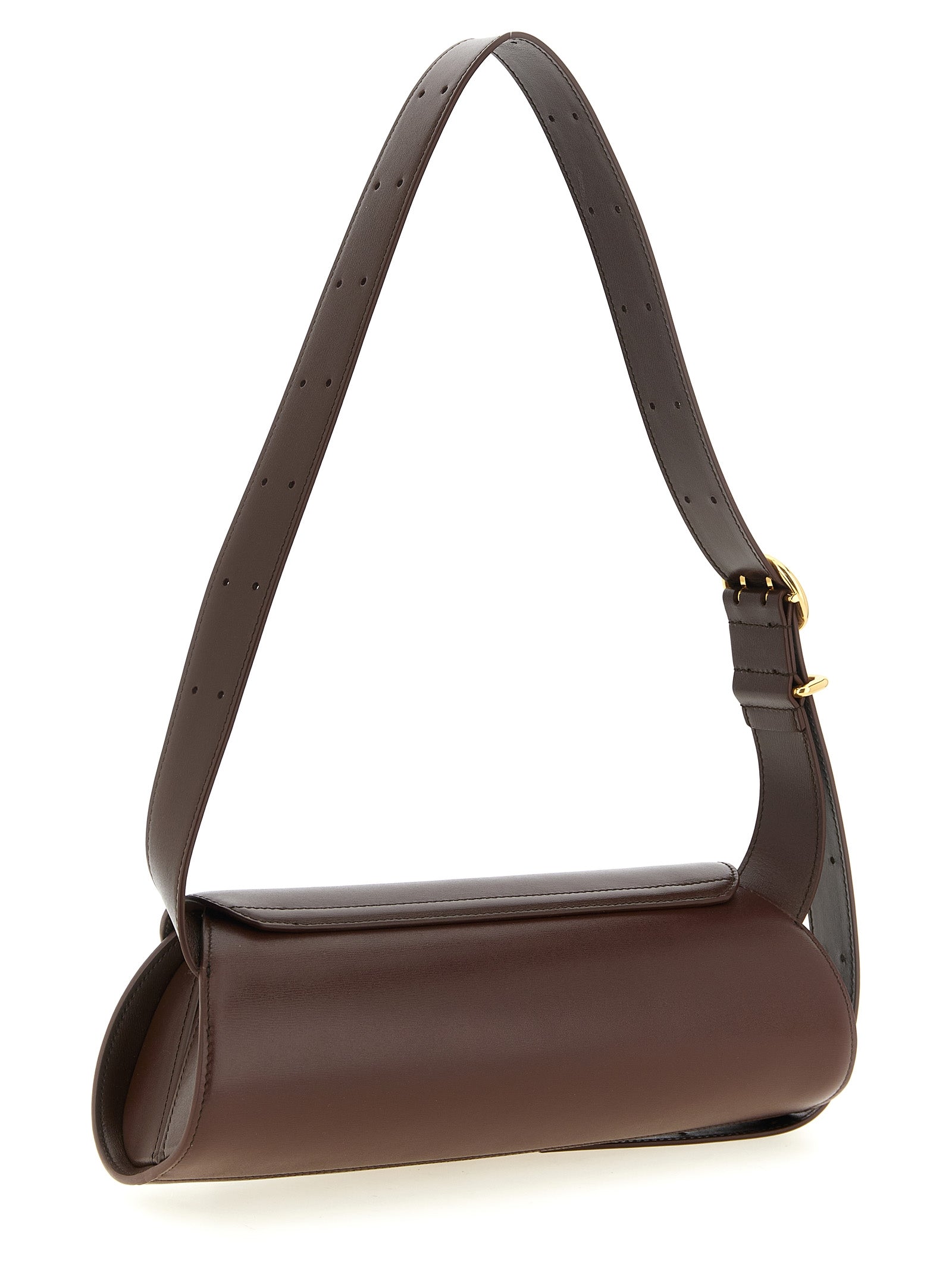 Small Shoulder Bag by Jil Sander for women in calfskin leather brown & gold features an effortlessly chic silhouette with a secure magnetic, buckle & button, ample , and versatile shoulder-strap & adjustable-strap for effortlessly chic everyday luxury.