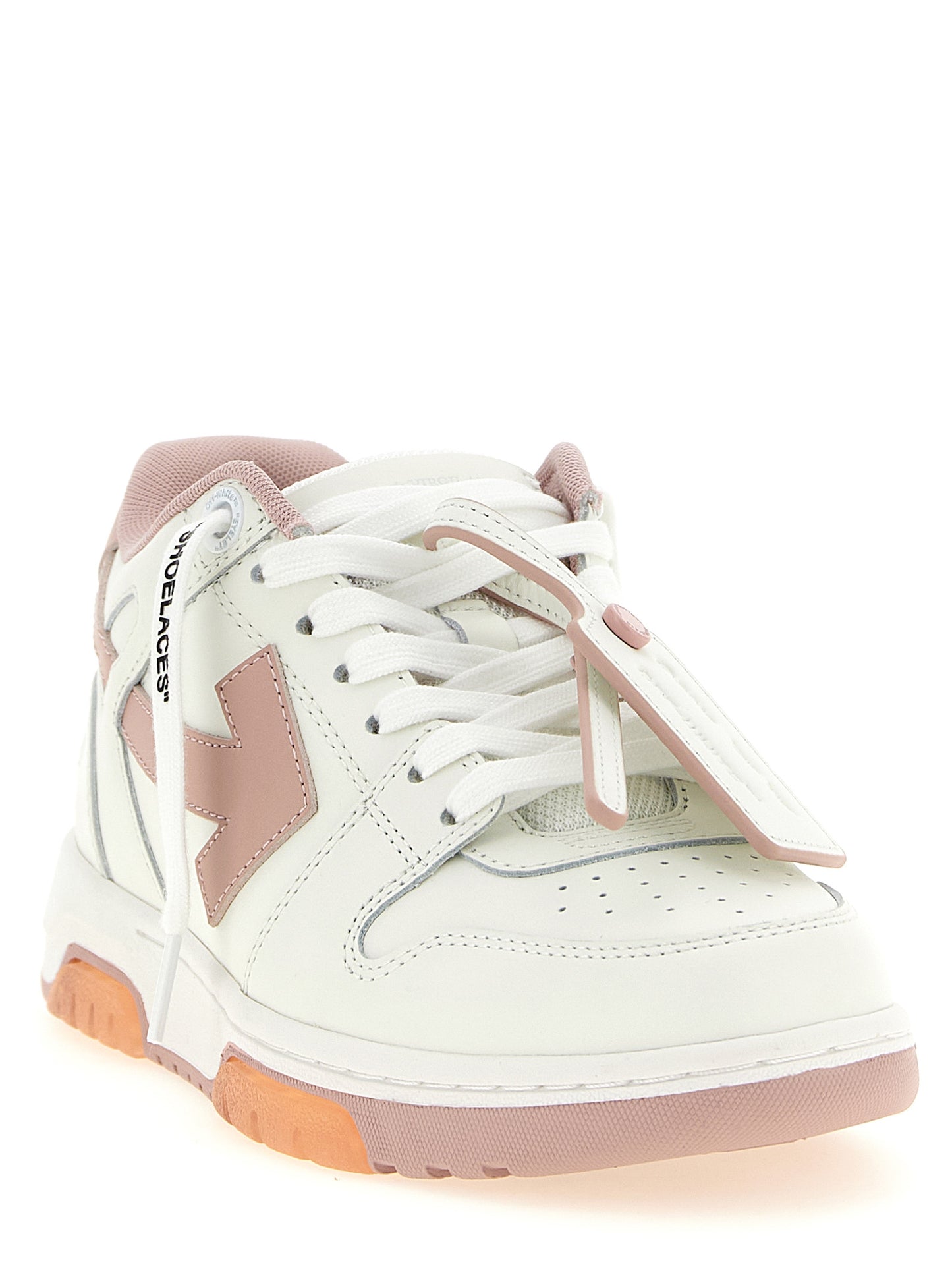 Athletic Sneakers by Off-White for women in polyester & calfskin leather multicolor, pink, white, patterned & signature features an effortless chic silhouette, showcasing the signature low-top style of the Women's Low Top Polyester & Calfskin Leather Athletic Sneakers collection with a truly effortless chic finish.