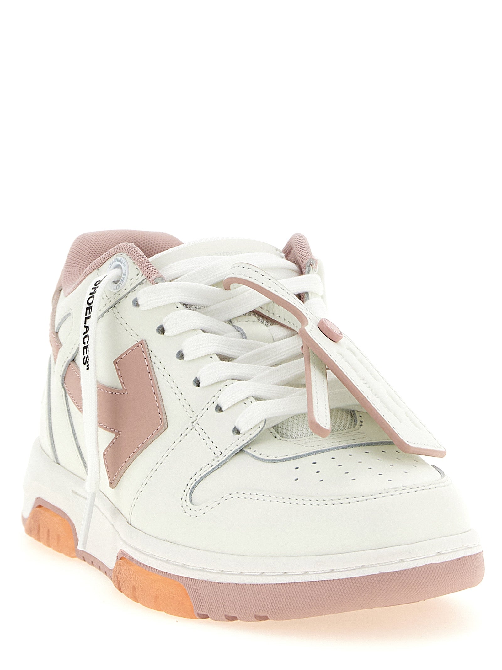 Athletic Sneakers by Off-White for women in polyester & calfskin leather multicolor, pink, white, patterned & signature features an effortless chic silhouette, showcasing the signature low-top style of the Women's Low Top Polyester & Calfskin Leather Athletic Sneakers collection with a truly effortless chic finish.