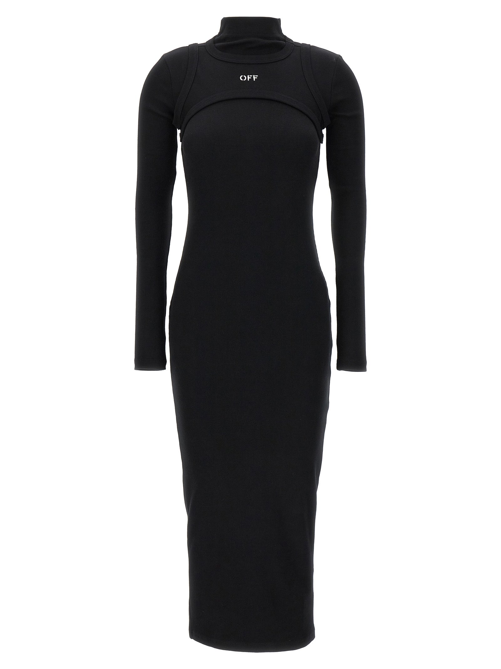 Dress by Off-White for women in stretch cotton black & white features an eye catching silhouette with a sophisticated round high-neck neckline, elegant long-sleeve, and a refined midi long for a eye catching aesthetic.