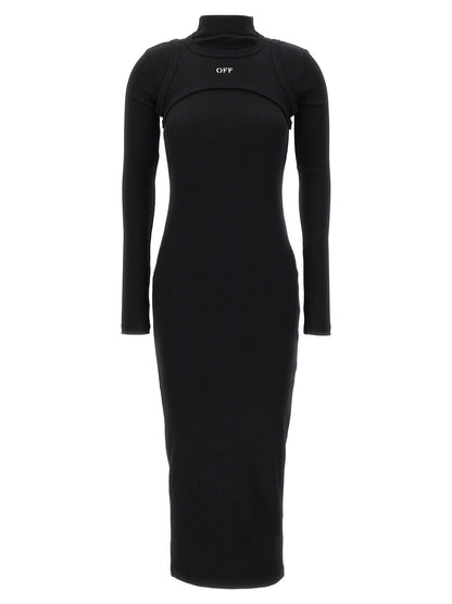 Dress by Off-White for women in stretch cotton black & white features an eye catching silhouette with a sophisticated round high-neck neckline, elegant long-sleeve, and a refined midi long for a eye catching aesthetic.