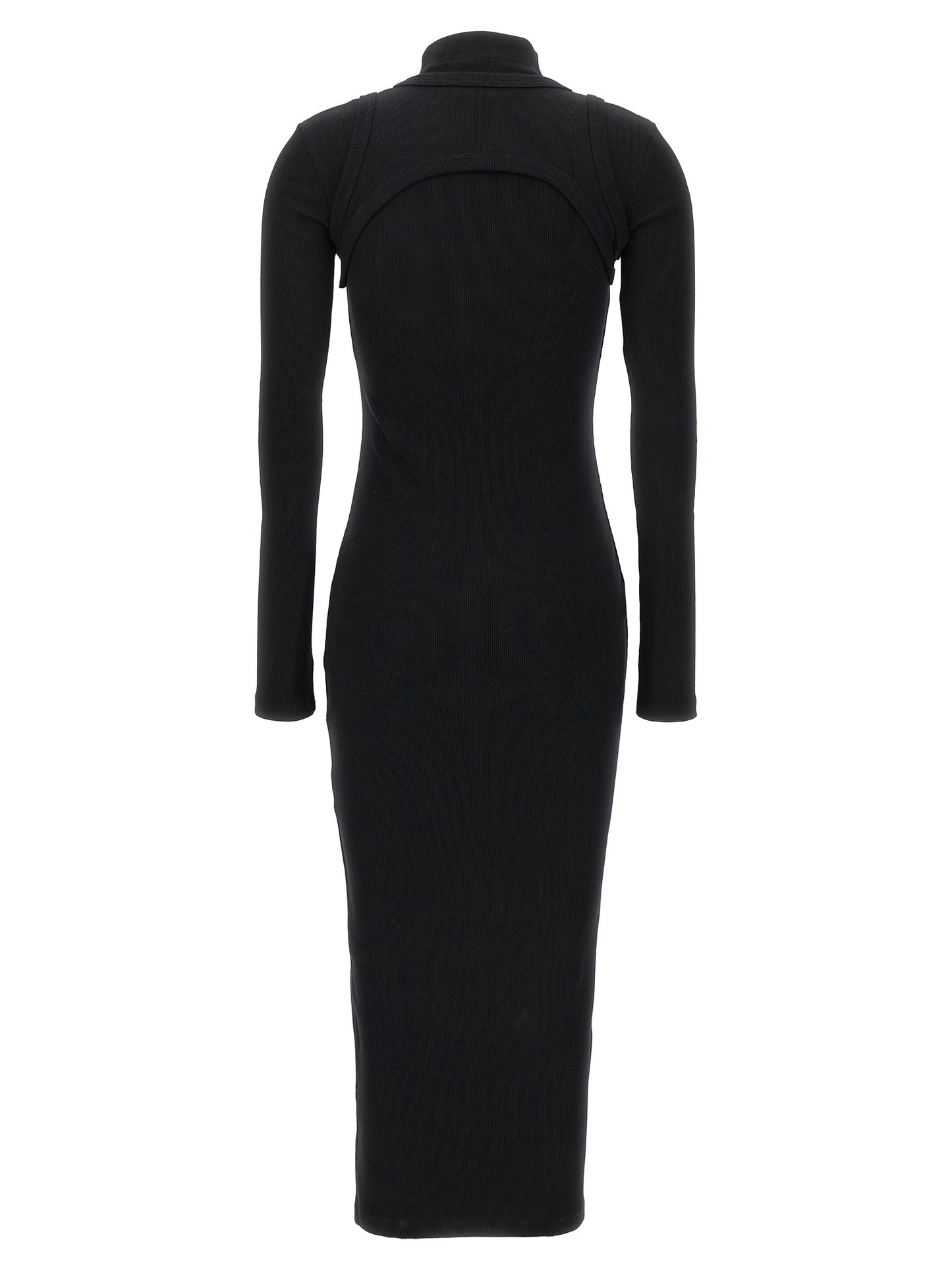 Dress by Off-White for women in stretch cotton black & white features an sultry silhouette defined by a round high-neck neckline and , falling to an sultry midi long for a sultry look.