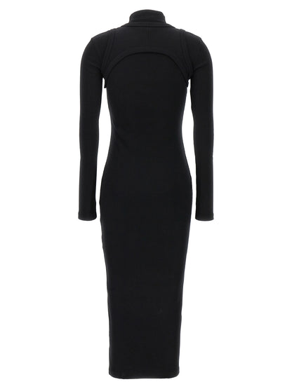 Dress by Off-White for women in stretch cotton black & white features an sultry silhouette defined by a round high-neck neckline and , falling to an sultry midi long for a sultry look.