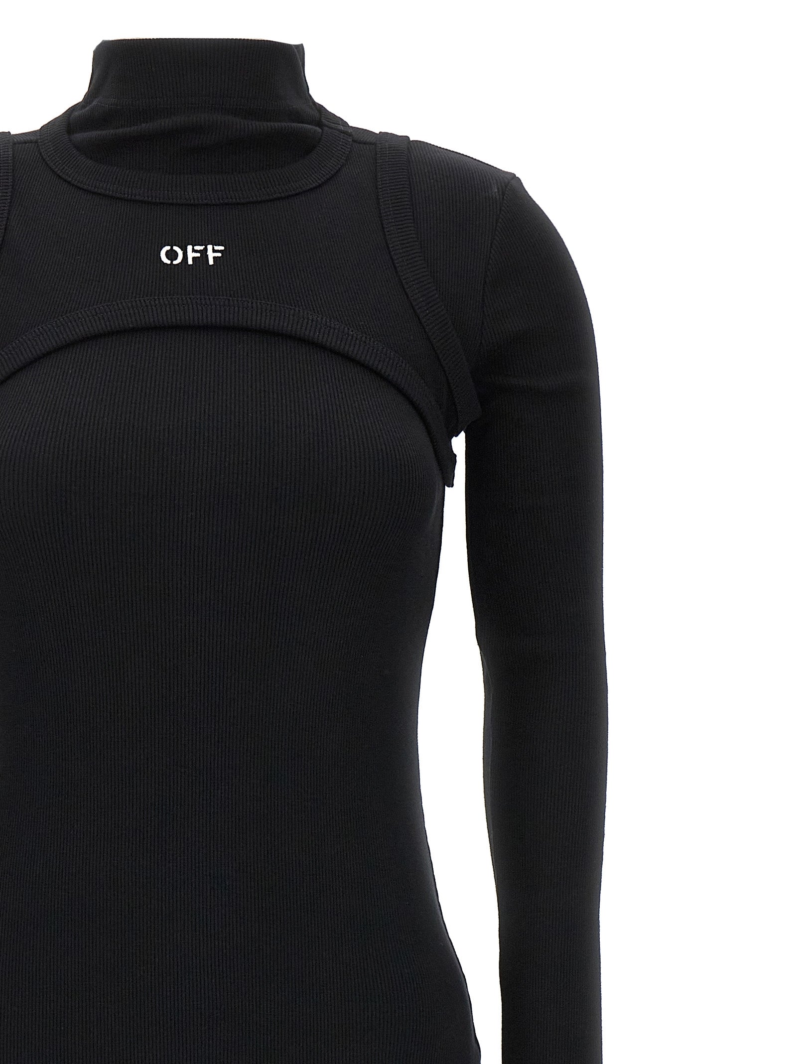 Dress by Off-White for women in stretch cotton black & white features an cute silhouette, detailed with a and round high-neck neckline that elegantly flows into a cute midi long.