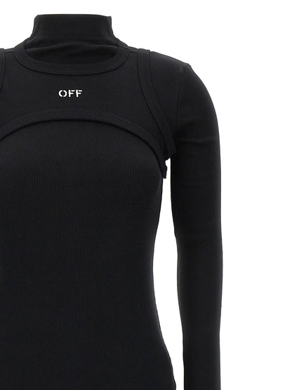 Dress by Off-White for women in stretch cotton black & white features an cute silhouette, detailed with a and round high-neck neckline that elegantly flows into a cute midi long.