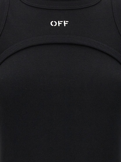 Dress by Off-White for women in stretch cotton black & white features an magnificent silhouette, artfully detailed with a magnificent round high-neck neckline and that flows into an magnificent midi long.