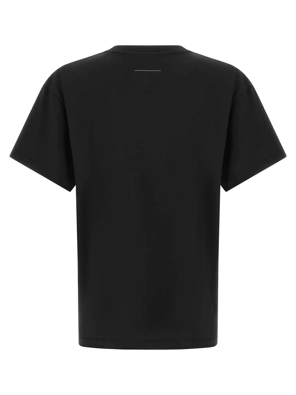 T-Shirt by MM6 Maison Margiela for men in cotton black & signature showcases a fashionable silhouette, elegantly detailed with a fashionable and crew neckline for a sophisticated, high-fashion look.